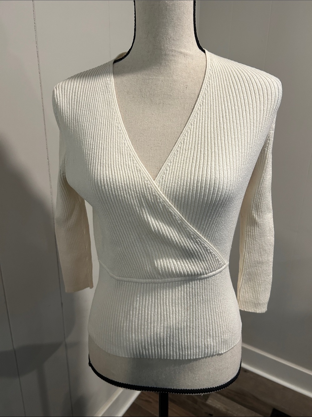 Y2K Express Cream Ribbed Wrap V-Neck Sweater